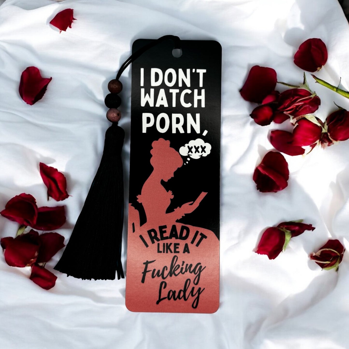 I Don’t Watch Porn Bookmark With Rhodonite and Lava Beaded Tassel