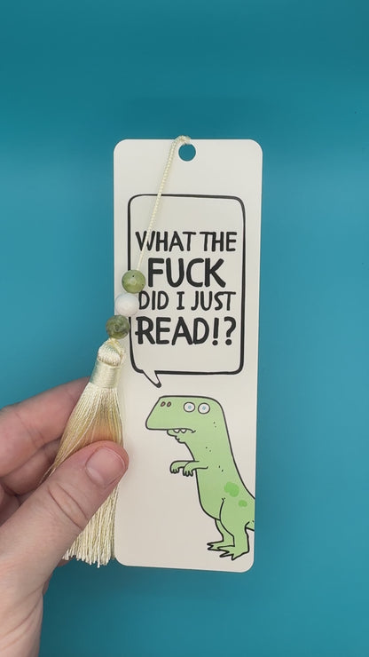 WTF Dino Bookmark With Chinese Jade and White Turquoise Beaded Tassel