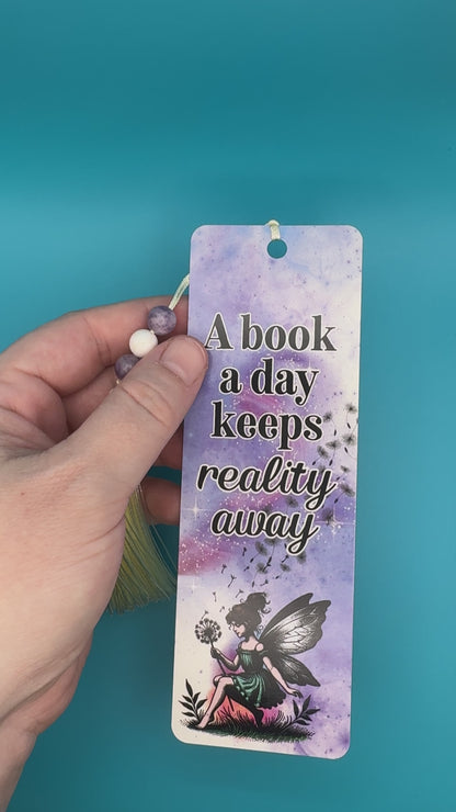 A Book A Day Bookmark With Lepidolite and White Turquoise Beaded Tassel